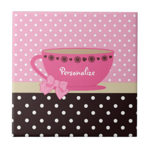 Girly Teacup Pink und Brown Polka Dot Bow und Name Fliese