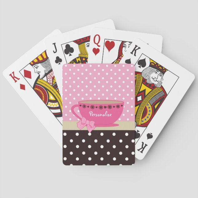 Girly Teacup Pink und Brown Polka Dot Bow und Name Spielkarten (Rückseite)