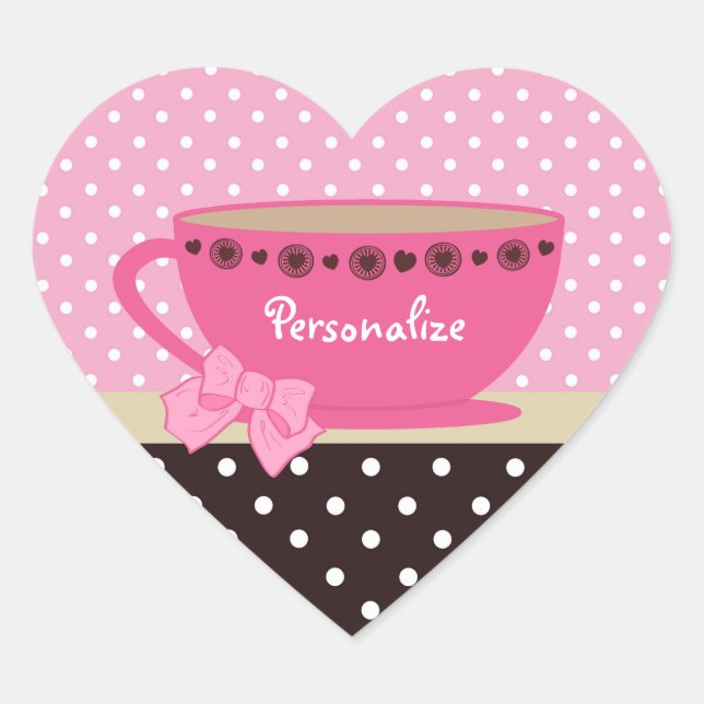 Girly Teacup Pink und Brown Polka Dots Herz-Aufkleber (Vorderseite)