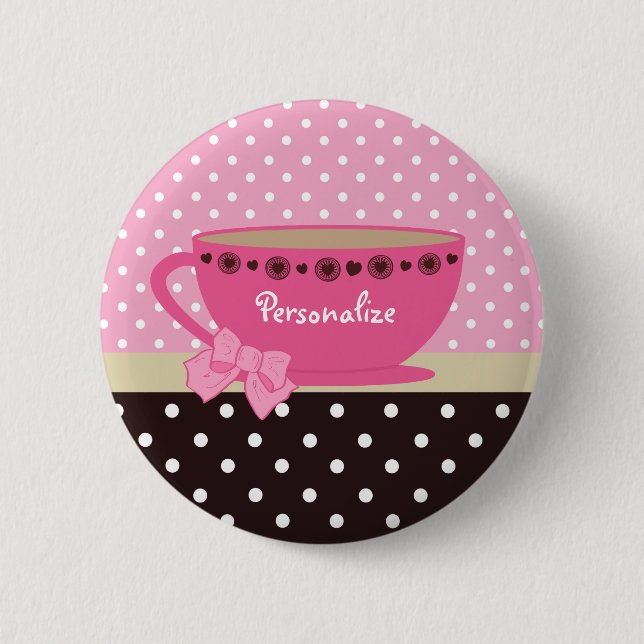 Girly Teacup-Rosa und Brown-Tupfen-Bogen und Name Button (Vorderseite)