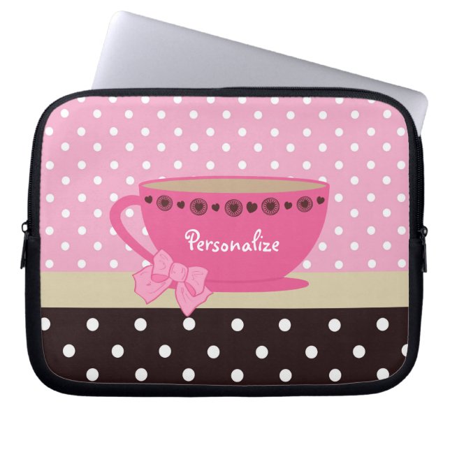 Girly Teacup-Rosa und Brown-Tupfen-Bogen und Name Laptopschutzhülle (Vorderseite)