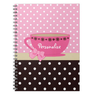 Girly Teacup-Rosa und Brown-Tupfen-Bogen und Name Notizblock