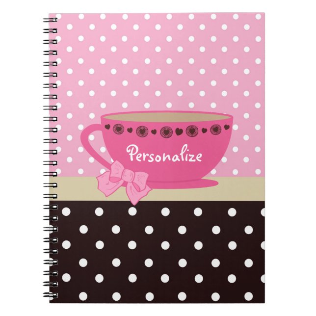 Girly Teacup-Rosa und Brown-Tupfen-Bogen und Name Notizblock (Vorderseite)