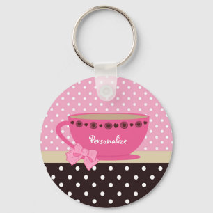 Girly Teacup-Rosa und Brown-Tupfen-Bogen und Name Schlüsselanhänger