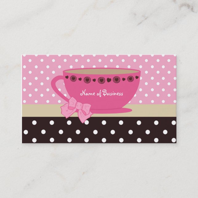 Girly Tee-Geschäfts-Rosa und Brown-TupfenTeacup Visitenkarte (Vorderseite)