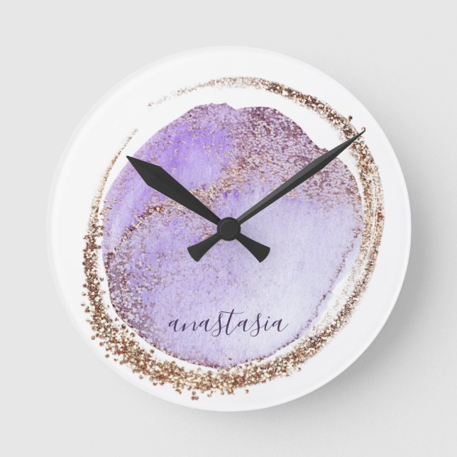 Girly Trendy Lila Golden Glitzer marbig Runde Wanduhr (Vorderseite)