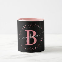 Girly Trendy Pink Black Name Monogram Script Coffe