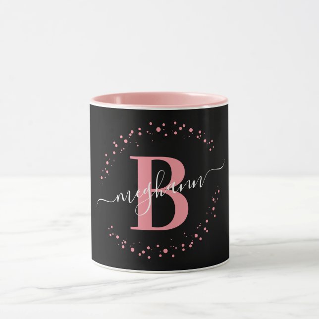 Girly Trendy Pink Black Name Monogram Script Coffe Tasse (Zentrum)