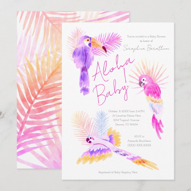 Girly Tropical Parrots Hawaiian Aloha Babydusche Einladung (Vorne/Hinten)