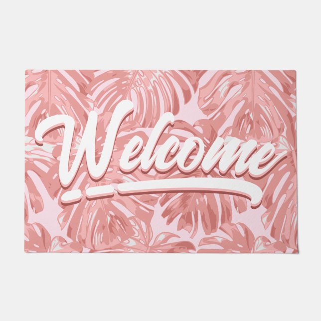 Girly Tropical Pink Palm Blätter Willkommen Fußmatte (Vorderseite)