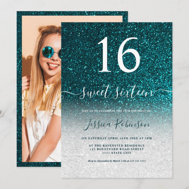 Girly türkis Glitzer Drehbuch Chic Sweet 16 Einladung (Vorne/Hinten)