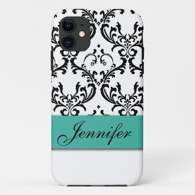 GIRLY TÜRKIS-SCHWARZ-DAMAST IHR NAME Case-Mate iPhone HÜLLE (Rückseite)