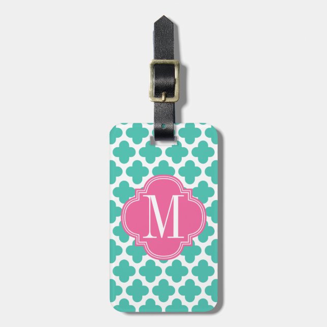 Girly Türkis u. rosa Quatrefoil personalisiert Gepäckanhänger (Vorderseite vertikal)