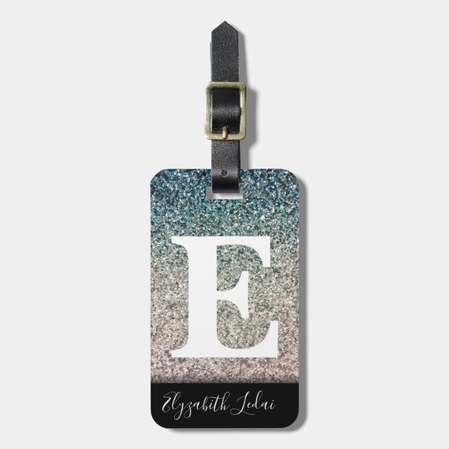 Girly Turquoise Blue Silver Ombre Glitzer Glitzern Gepäckanhänger (Vorderseite vertikal)