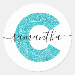 Girly Turquoise Glitzer Letter C Monogram Runder Aufkleber