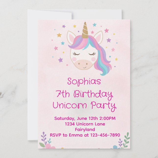 Girly Unicorn Birthday Invitation Einladung (Vorderseite)