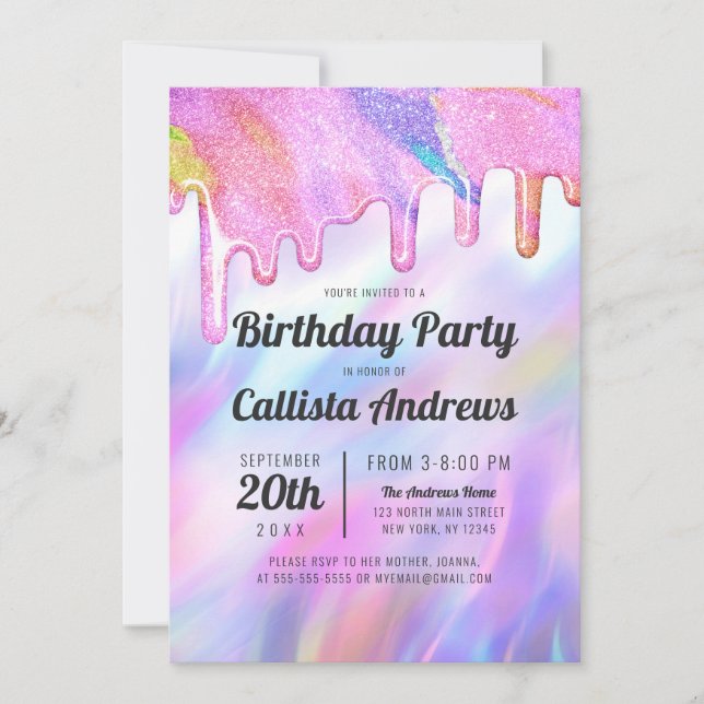 Girly Unicorn Holographic Glitzer Tropfens Birthda Einladung (Vorderseite)