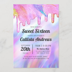 Girly Unicorn Holographic Glitzer Tropfens Sweet 1 Einladung
