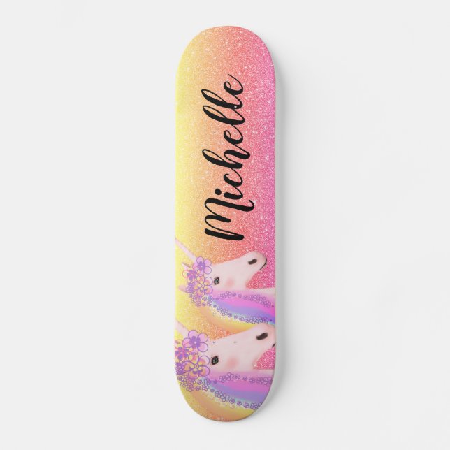 Girly Unicorn Rainbow Glitter Personalized Kids Skateboard (Vorderseite)