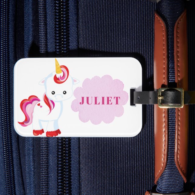 Girly Unicorn Rosa Reiseurlaub Kinder ID Gepäckanhänger (Vorderseite Insitu 4)
