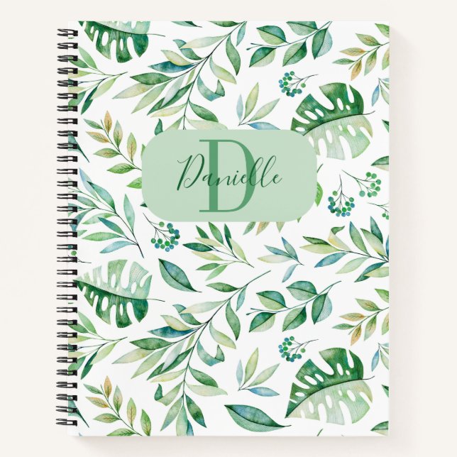 Girly Verlasst Muster Greenery Monogram Name Notizbuch (Vorderseite)