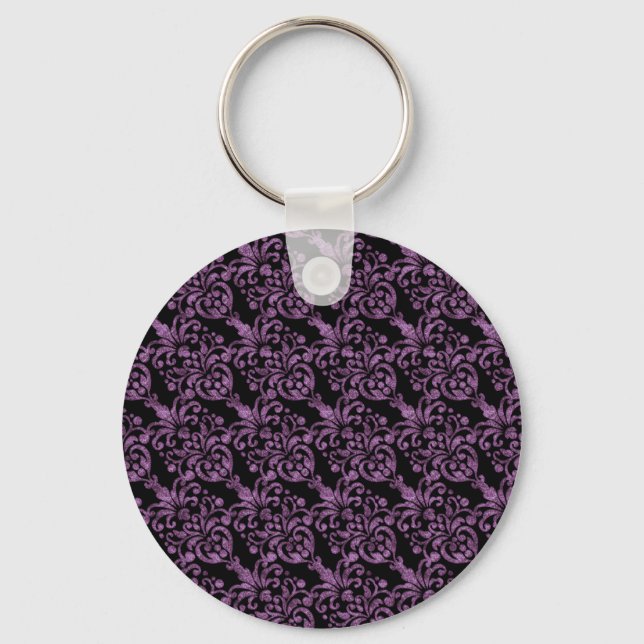 Girly Viktorianisch Lila Glittery Damask Muster Schlüsselanhänger (Vorderseite)