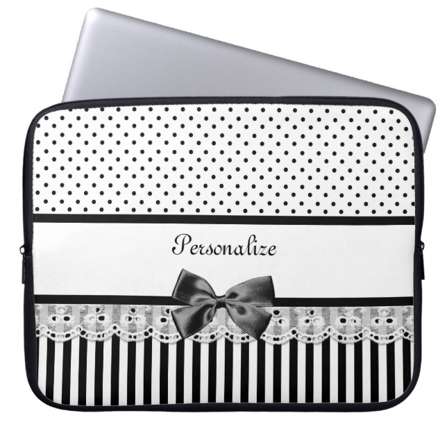 Girly viktorianische Schwarzweiss-Streifen mit Laptopschutzhülle (Vorderseite)