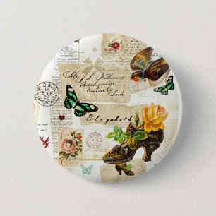 Girly Vintag Ephemera Fashion Collage mit Namen Button