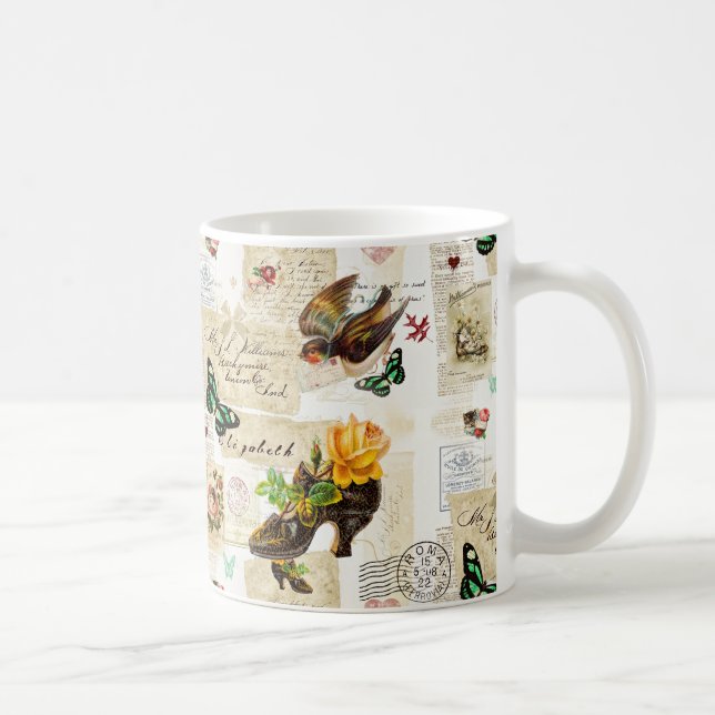 Girly Vintag Ephemera Fashion Collage mit Namen Kaffeetasse (Rechts)