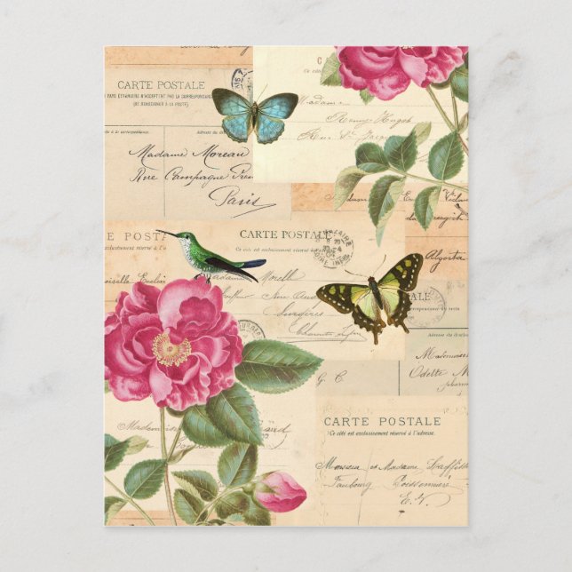 Girly Vintage Postkarte mit Rosen und (Vorderseite)