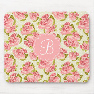Girly Vintage rosa Rosen mit Monogramm Mousepad