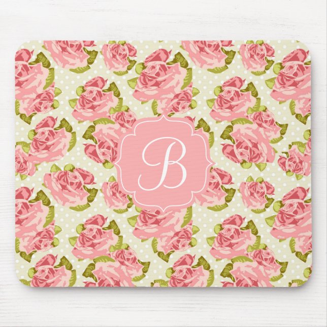 Girly Vintage rosa Rosen mit Monogramm Mousepad (Vorne)