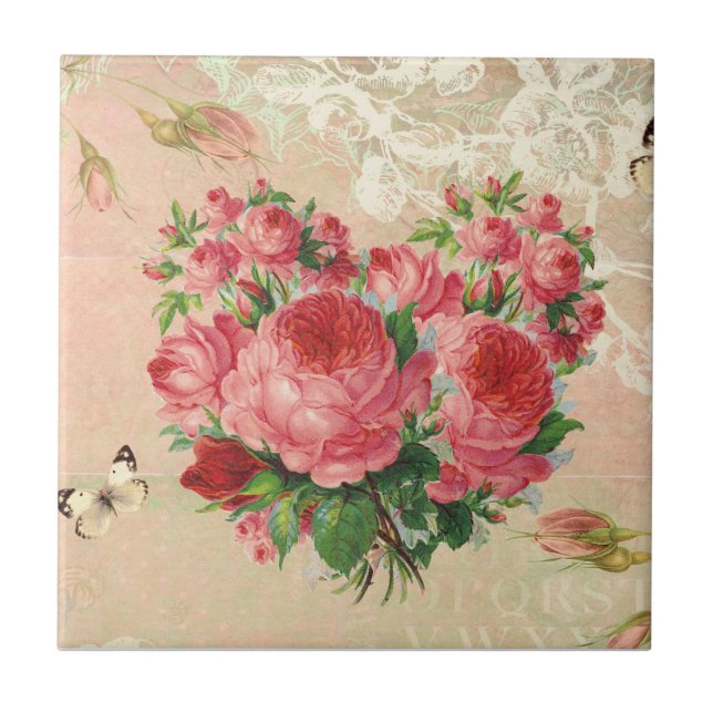 Girly Vintage Rosen-Herz-Collage Fliese (Vorderseite)