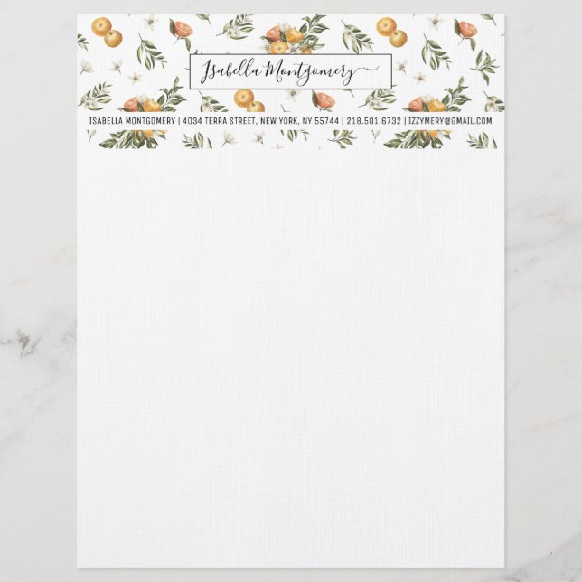 Girly Watercolor Mandarine Citrus Boho | Monogramm Briefbogen (Vorderseite)