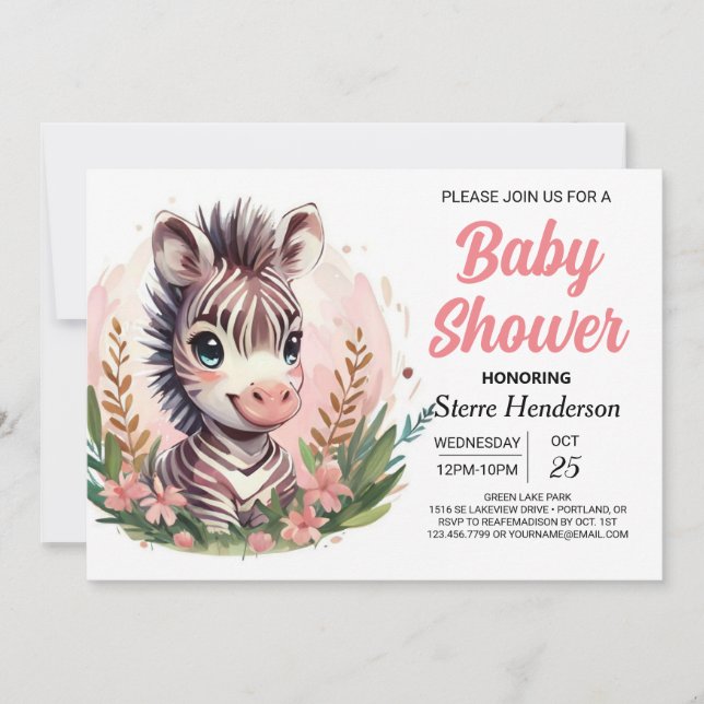 Girly Watercolor Safari Zebra Baby Dusche Einladung (Vorderseite)