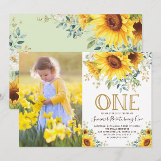 Girly Watercolor Sonnenblume 1. Geburtstag Foto Einladung
