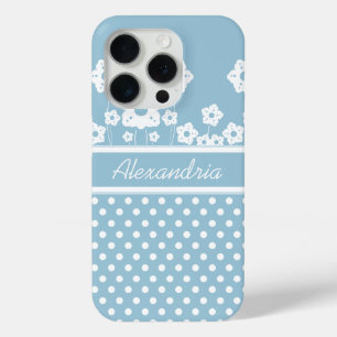 Girly White Blume und Polka Dots on Light Blue iPhone 15 Pro Hülle