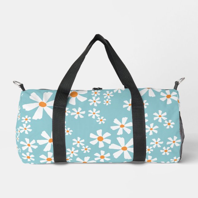 Girly White Daisies auf helltürkisfarbenem Hinterg Duffle Bag (Vorderseite)