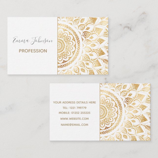 Girly White Gold Mandala Floral Visitenkarte (Vorne/Hinten)