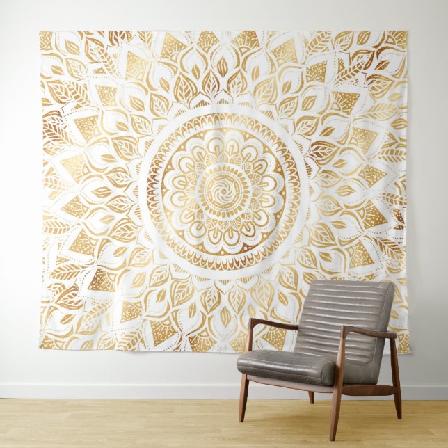 Girly White Gold Mandala Floral Wandteppich (Beispiel (Horizontal))