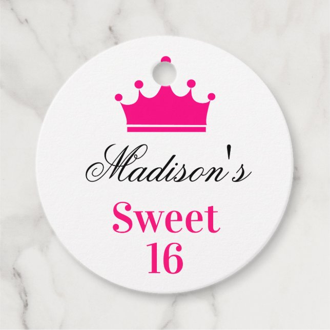 Girly White Hot Pink Sweet 16 Princess Crown Name Geschenkanhänger (Vorderseite)
