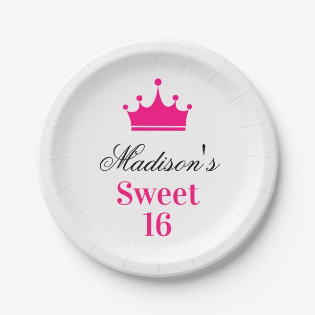 Girly White Hot Pink Sweet 16 Princess Crown Name Pappteller (Vorderseite)