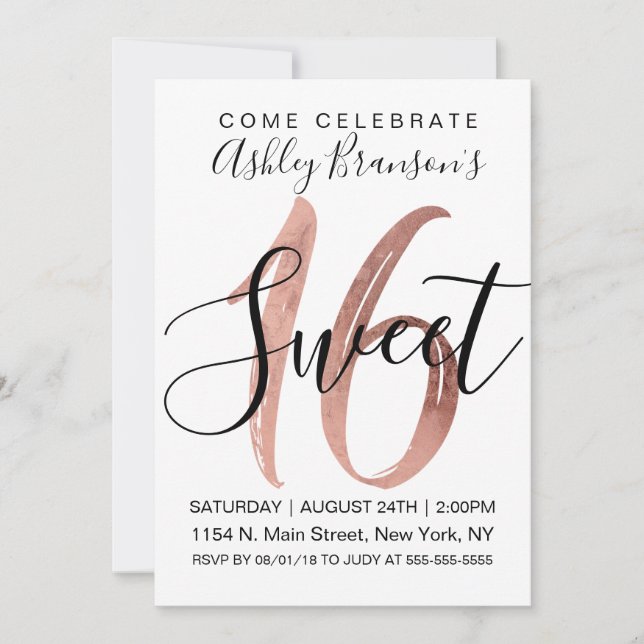 Girly White Imitats Rose Gold Foil Modern Sweet 16 Einladung (Vorderseite)