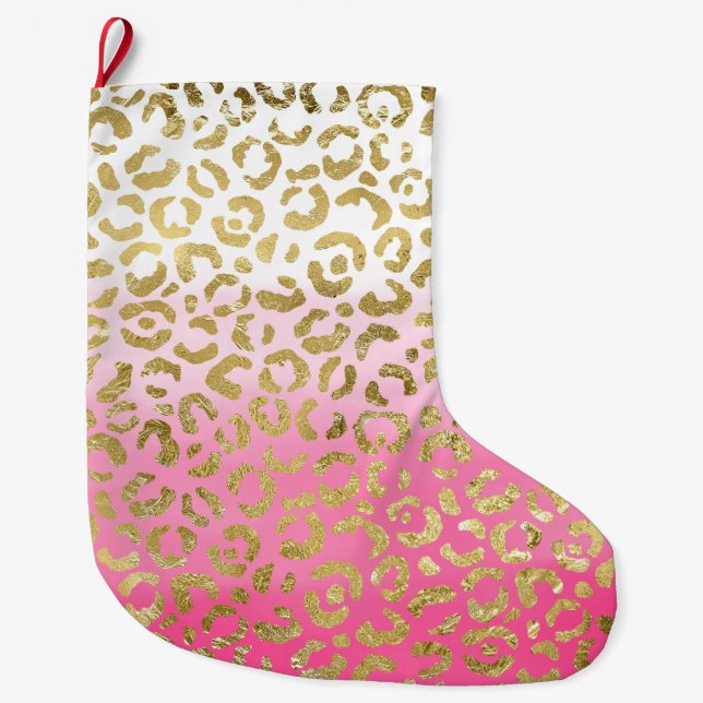 Girly White Pink Gold Glam Leopard Großer Weihnachtsstrumpf (Vorderseite)