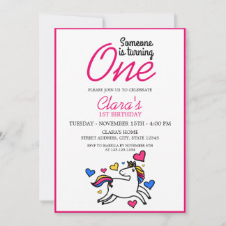 Girly White & Pink Unicorn 1. Geburtstag Einladung