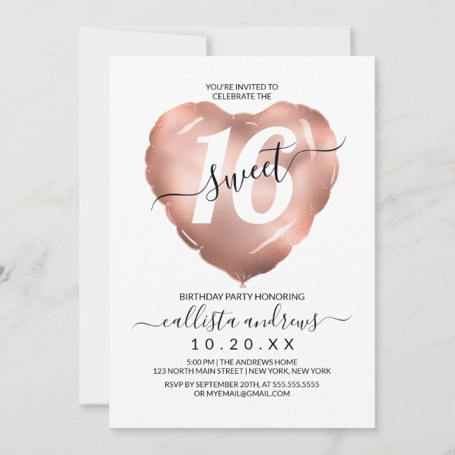 Girly White Rose Gold Foil Herzballon Sweet 16 Einladung (Vorderseite)