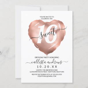 Girly White Rose Gold Foil Herzballon Sweet 16 Einladung
