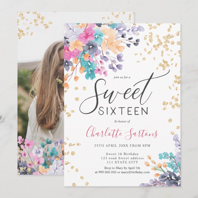 Girly wild Blume Blütengold-Schrift, süß 16 Einladung (Vorne/Hinten)