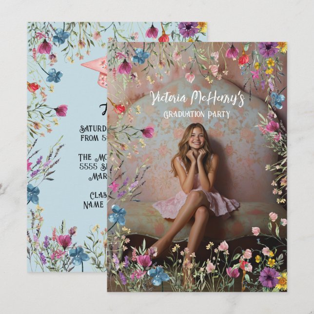 Girly Wildblume Pastel Graduation Party Einladung (Vorne/Hinten)