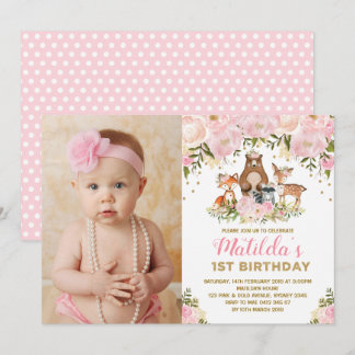 Girly Woodland Animals 1. Geburtstag Pink Floral Einladung